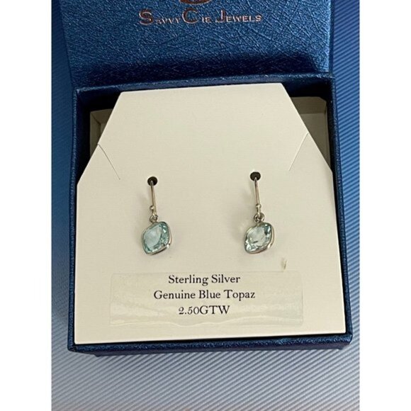 Savvy Cie Jewels Sterling Silver Blue Topaz Cut Bezel Stone Drop Earrings - Picture 2 of 5